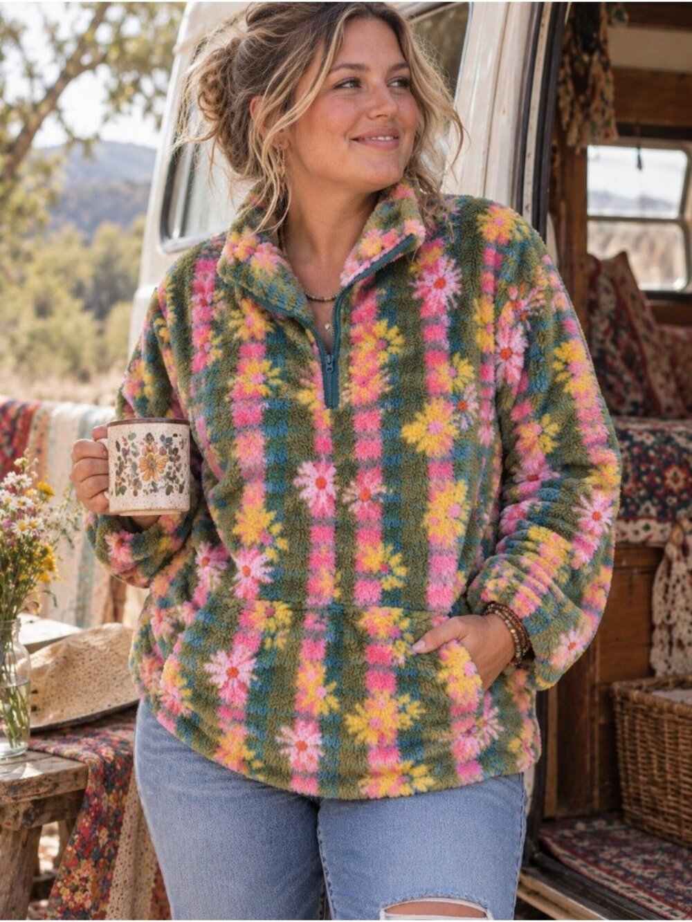 Natural Life Womens Coziest Sweatshirt Sz Large XL Green Floral Fleece 1/4 Zip - Picture 2 of 7